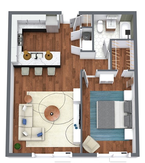 Floor plan for 1 bed, 1 bath, 691 sqft